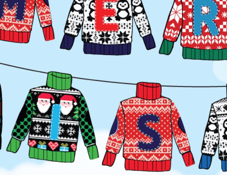 May include: A string of Christmas sweaters with different designs, each featuring a letter of the word "MERRY" in blue. The sweaters are hanging on a clothesline against a light blue background.
