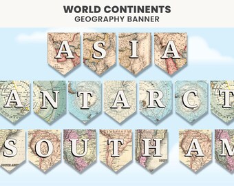 Continents of the World Display Vintage Maps Geography Classroom Bulletin Board Social Studies Homeschool Activity Printable