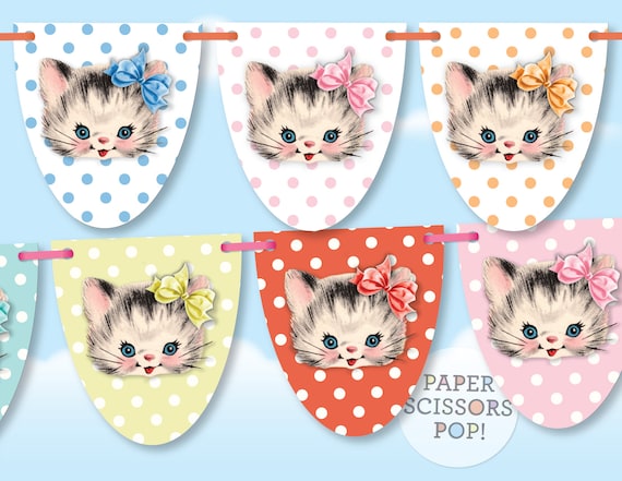 Printable polka dot kitten banner, retro kitten theme decor for kitten baby shower theme, kitten birthday, cat lover decor, new kitten decor Il_570xn