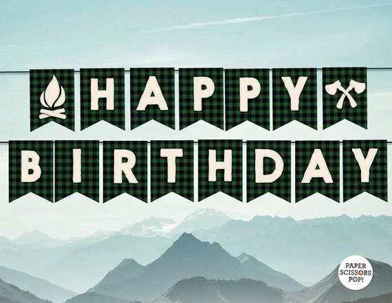 Happy Birthday Banner, Green Buffalo Plaid Lumberjack Birthday, Men's Birthday Banner, Boys Birthday Decor, Party Printable DIY Decor Il_570xn