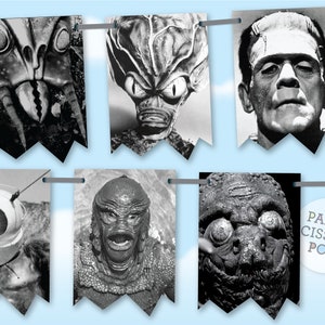 Vintage horror movie monsters Halloween banner, printable Retro Halloween decor, old horror movies monsters, horror movie decor printable