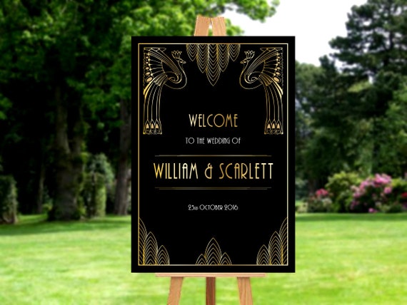Wedding Sign Template, Gatsby Wedding Decor, Roaring 20's Art Deco, Welcome the Bride and Groom Sign, Peacock Gastby Decor, Digital Download Il_570xn