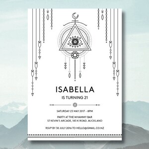 Bohemian Birthday Invitation Editable,  Dream Catcher Boho Birthday Invite, Tribal Festival, 18th Birthday, 21st 30th Party, Illuminati