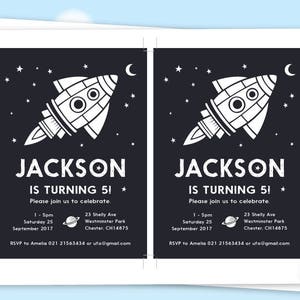 May include: Black and white invitation with a rocket ship illustration. The text reads "Jackson is turning 5!" with details for a birthday party.