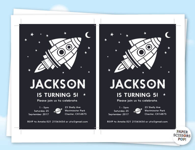 May include: Black and white invitation with a rocket ship illustration. The text reads "Jackson is turning 5!" with details for a birthday party.