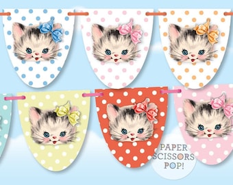 Retro cat birthday decoration, kitten 1st birthday banner, printable cat decorations, kitten baby shower banner,  kitten nursery decor