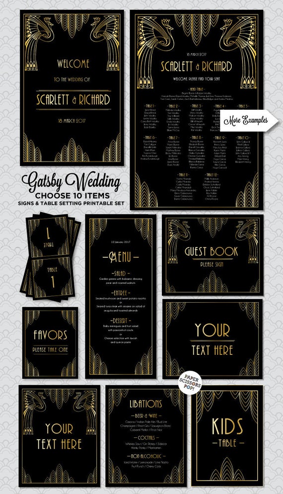 Great Gatsby Wedding Signs Set Art Deco Wedding Set, Wedding Sign Pack Roaring 20's Signs, Custom Wedding Signs 20's Peacocks Decoration Il_570xn