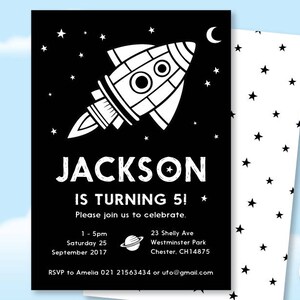 May include: Black and white birthday party invitation with a rocket ship design. The text reads "Jackson is turning 5!" and includes party details such as date, time, and location.