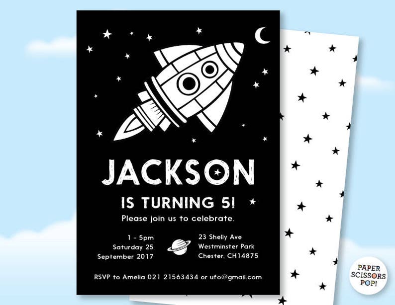 May include: Black and white birthday party invitation with a rocket ship design. The text reads "Jackson is turning 5!" and includes party details such as date, time, and location.