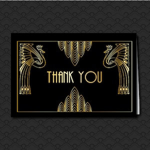 Thank You Card, Great Gatsby Wedding Art Deco Black and Gold Peacocks, Newly Weds Thank You Note Printable Template, Roaring 20&#39;s Party