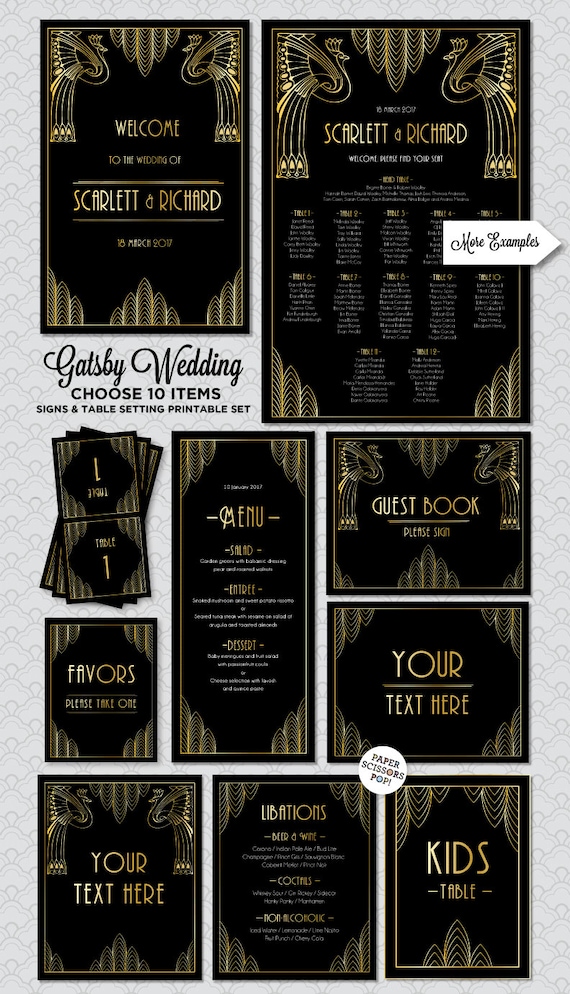 Great Gatsby Wedding Signs Set Art Deco Wedding Set, Wedding Sign Pack Roaring 20's Signs, Custom Wedding Signs 20's Peacocks Decoration Il_570xn