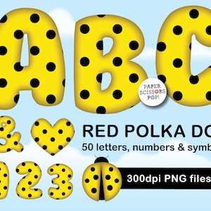 Yellow polka dot alphabet set SVG, PNG sublimation, polka dot letters and numbers set. lady bug clipart, ladybug alphabet, commercial use