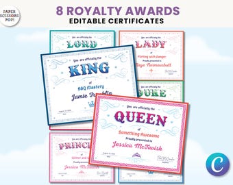 King Queen Prince Princess Certificate Bundle, Editable Canva Awards, Printable Royal Recognition Templates Classroom Rewards Set