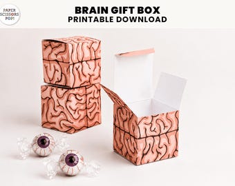 Zombie Brain Favor Box printable Halloween Trick or Treat favor box, pink brains square gift box, Brainy gift
