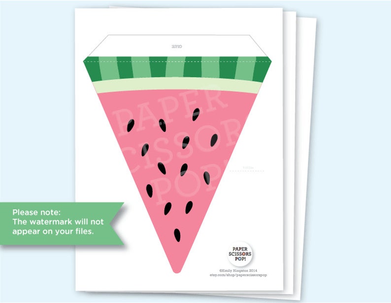 May include: Printable watermelon party banner template. The template is a pink triangle with green stripes and black seeds. The template is ready to be cut out and assembled.