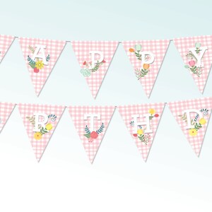 Happy Birthday Banner, Pink Gingham Garland, Girls Birthday Decor, Fairy Birthday Decor, Floral Bunting Gift for Mom, Pink Garland image 1