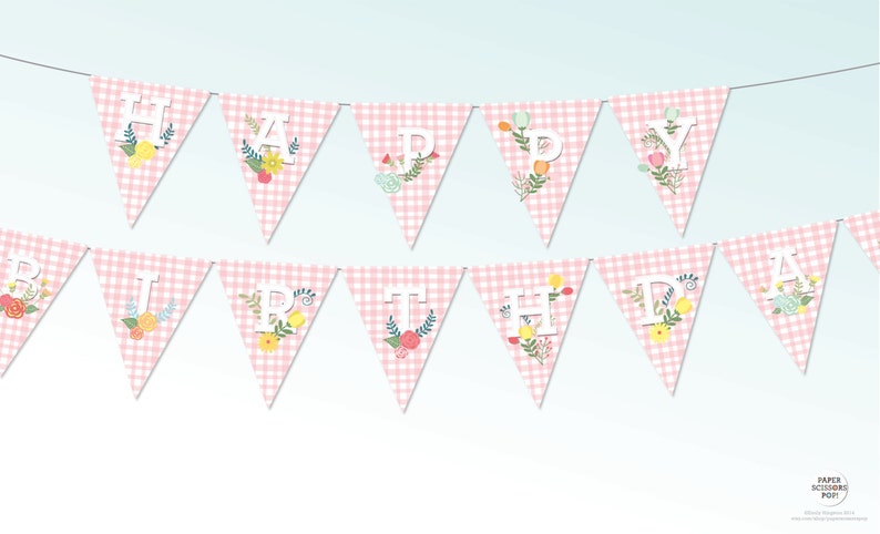 Happy Birthday Banner, Pink Gingham Garland, Girls Birthday Decor, Fairy Birthday Decor, Floral Bunting Gift for Mom, Pink Garland image 1