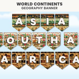 Continents of the World Banners Display Geography or Social Studies Classroom Bulletin Board Homeschool Geography Activity Printable Pattern