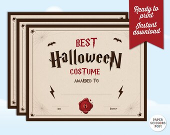 ハロウィンコスチューム賞状バンドル、印刷可能なハロウィンテンプレート、魔法使いコスチュームコンテスト証明書、コスチュームパーティー賞