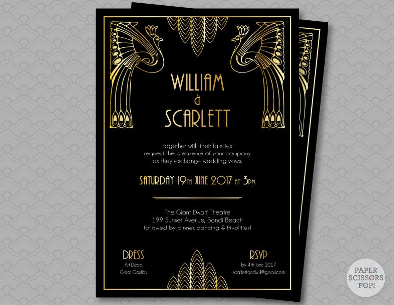 Great Gatsby Wedding Invitation Roaring 20's Party Art Deco Invitation Black and Gold Gatsby Save the Date, Peacock Invitation Scalloped image 1