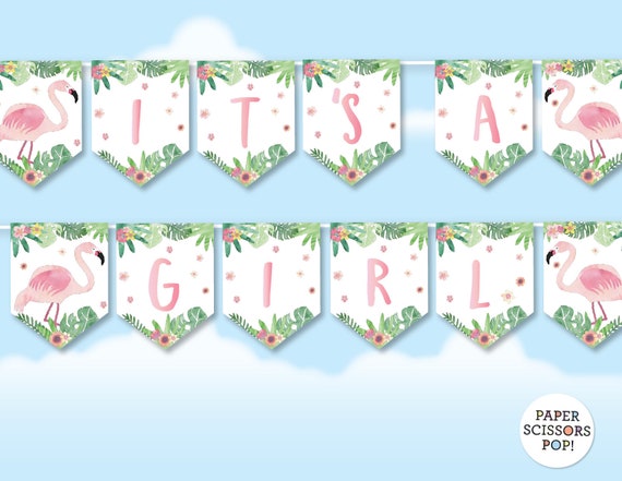 Pink Flamingo Baby Shower Banner, It's A Girl Banner, Flamingo Gender Reveal Banner, Instant Download Baby Shower Flamingo Photo Prop Il_570xn