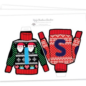 May include: Printable Ugly Christmas Sweater templates. Two sweaters are shown, one with a Santa Claus pattern and the other with a letter "S" pattern.