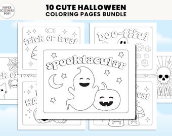 かわいいハロウィンぬりえセット、ハロウィン教室アクティビティ、レトロで不気味なぬりえブック、10ページ入り。