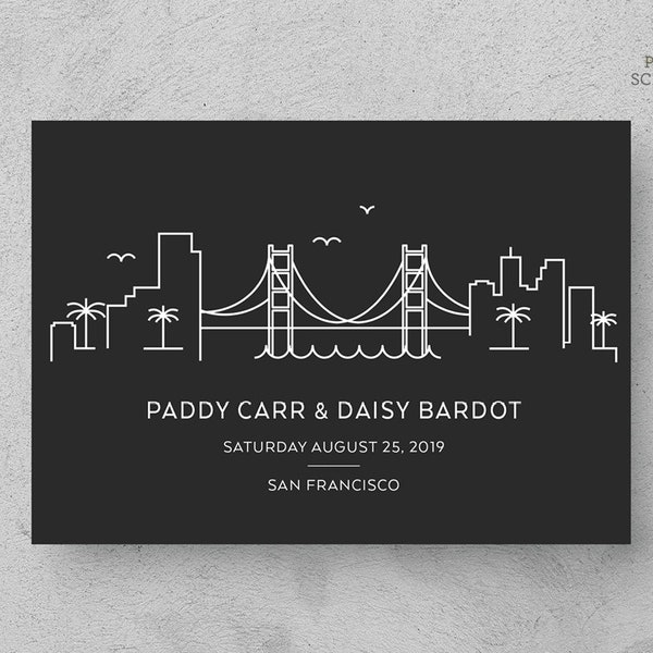 San Francisco Save the Date Postcard,Golden Gate Bridge San Francisco Skyline Minimalist Save the Date, San Francisco Wedding Announcement