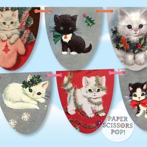 Vintage Christmas cards banner template,  Adorable kittens from vintage Christmas cards, Christmas garland Instant Download,