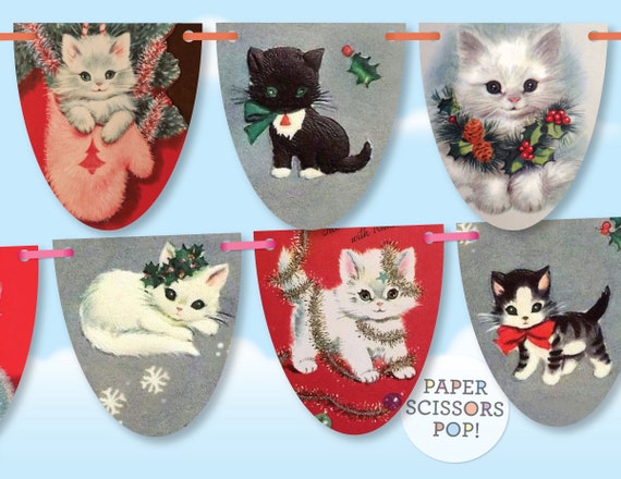 Vintage Christmas cards banner template, Adorable kittens from vintage Christmas cards, Christmas garland Instant Download, Il_570xn
