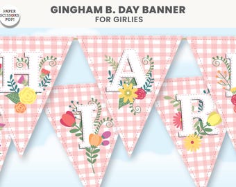 Floral Birthday Banner Printable, Pink Gingham Garland, Tea Party Decorations, Shabby Chic Garden Party Bunting, Birthday Celebration