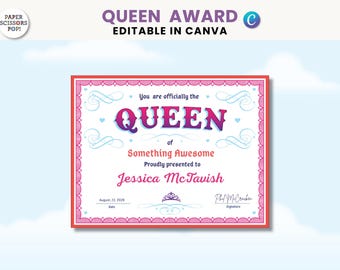 Editable The Queen certificate, printable custom award certificate, fun certificate for party, printable bachelorette award template