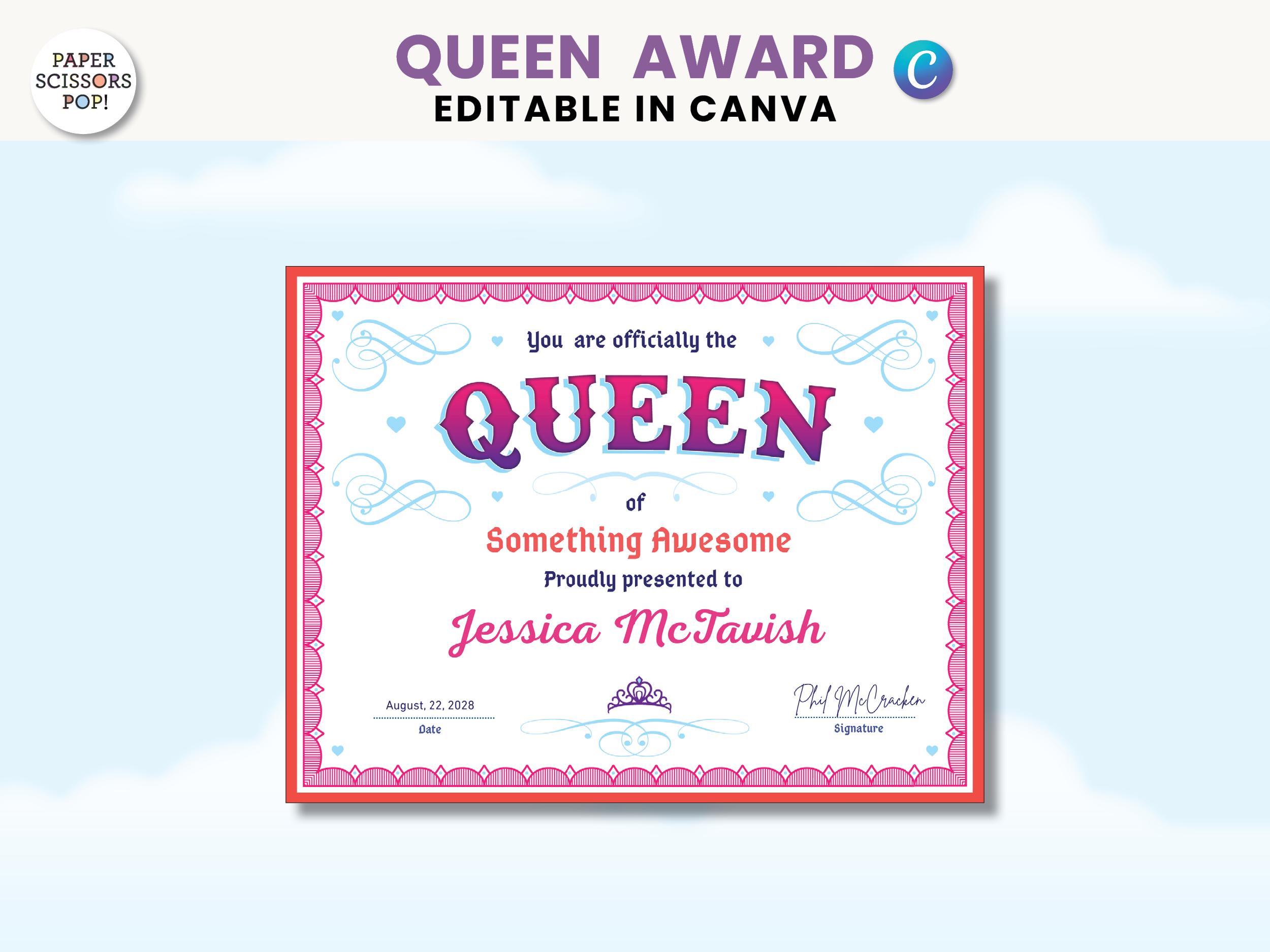 Editable the Queen Certificate, Printable Custom Award Certificate, Fun ...