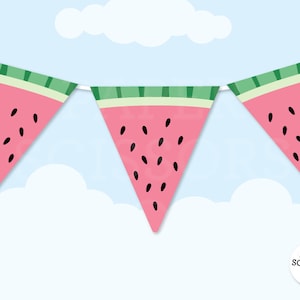 May include: A watermelon-themed party banner with three triangular flags. Each flag is pink with black seeds and a green and white striped top.