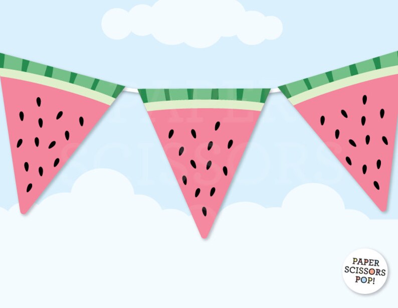 May include: A watermelon-themed party banner with three triangular flags. Each flag is pink with black seeds and a green and white striped top.