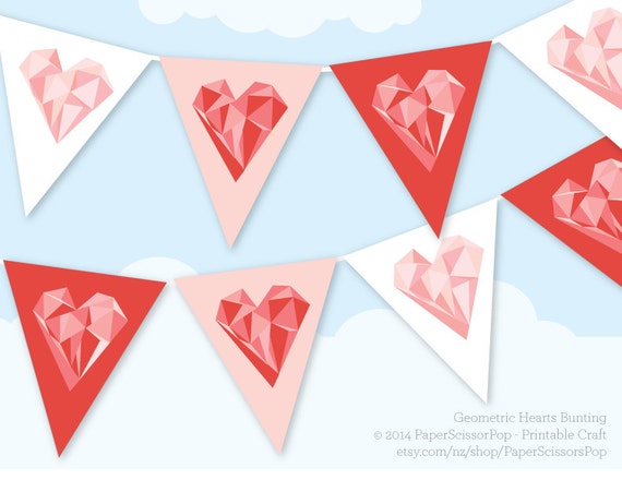 Geometric Hearts Valentines Printable Bunting Banner, Love Hearts, Wedding Decoration, Pink and Red, Party Decoration, DIY Banner Il_570xn