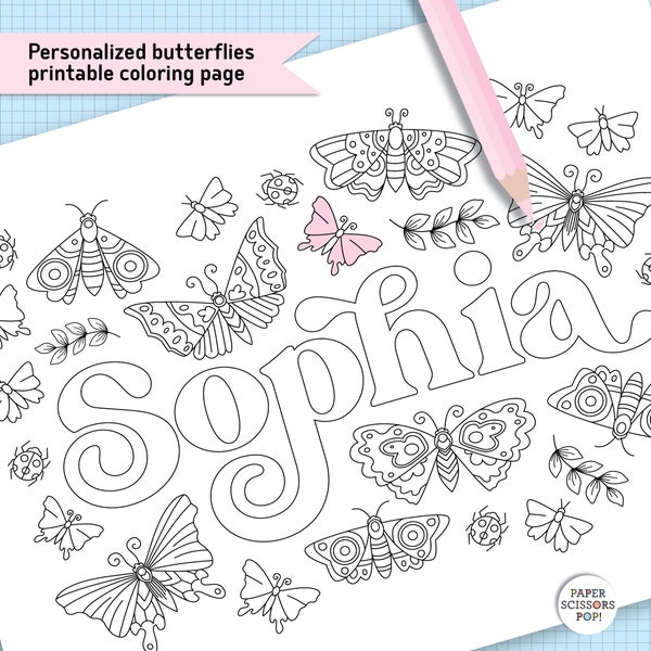 Custom name coloring page printable, personalized coloring page, butterflies coloring page custom coloring page downloadable