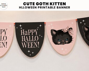 かわいいレトロ子猫のハロウィンバナー、ピンクのゴス系ハロウィン猫デコレーション、不気味でかわいいキッズハロウィンパーティーの玄関デコレーション、デジタルダウンロード