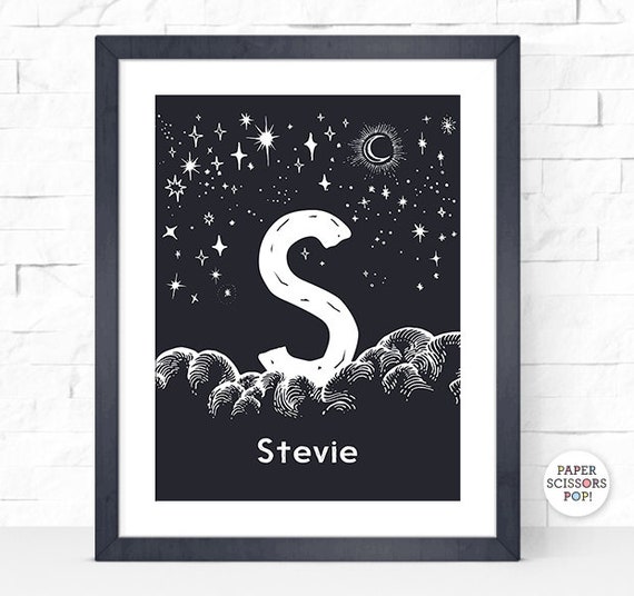 Newborn gift, printable nursery art, Baby boy nursery decor, celestial print, editable monogram print letter S name print, new baby gift Il_570xn