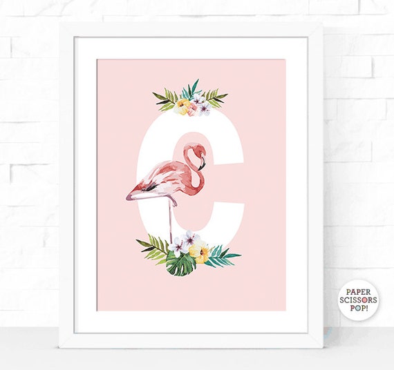 Pink Flamingo Print, Letter C, Tropical Print Retro Flamingo Tropical Leaves, Tropical Flowers, Frangipani, Pink Monogram Personalized Il_570xn