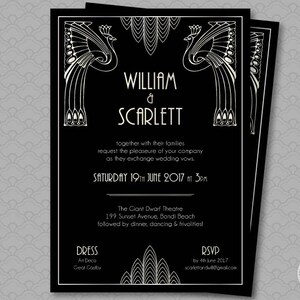 Great Gatsby Wedding Invitation Roaring 20's Party Art Deco Invitation Black and Gold Gatsby Save the Date, Peacock Invitation Scalloped image 2