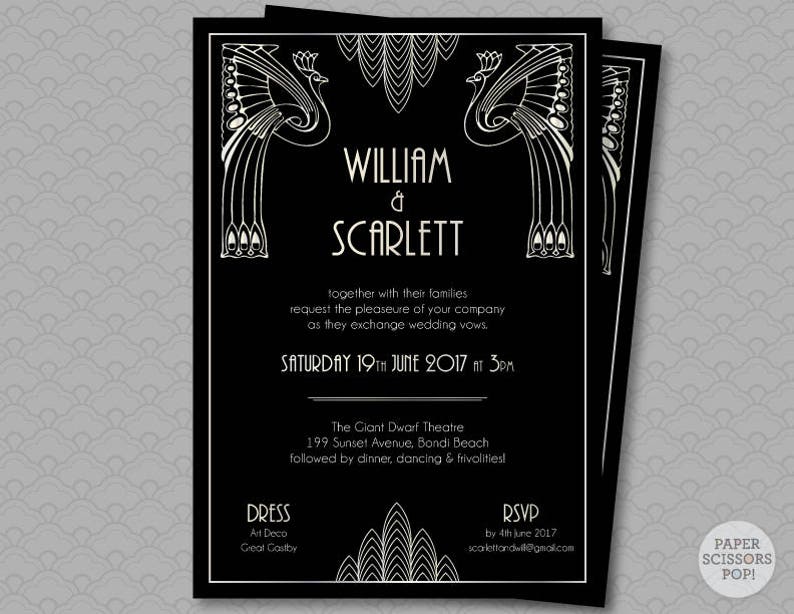 Great Gatsby Wedding Invitation Roaring 20's Party Art Deco Invitation Black and Gold Gatsby Save the Date, Peacock Invitation Scalloped image 2