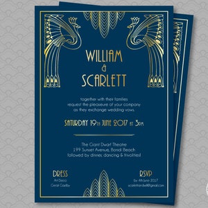 Great Gatsby Wedding Invitation Roaring 20's Party Art Deco Invitation Black and Gold Gatsby Save the Date, Peacock Invitation Scalloped image 3