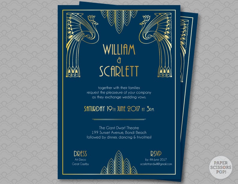 Great Gatsby Wedding Invitation Roaring 20's Party Art Deco Invitation Black and Gold Gatsby Save the Date, Peacock Invitation Scalloped image 3