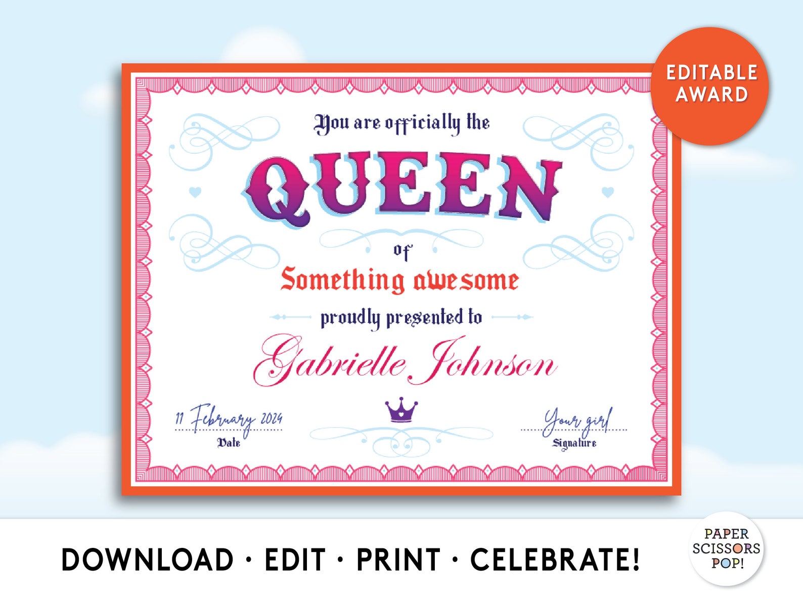Editable the Queen Certificate, Printable Custom Award Certificate, Fun ...