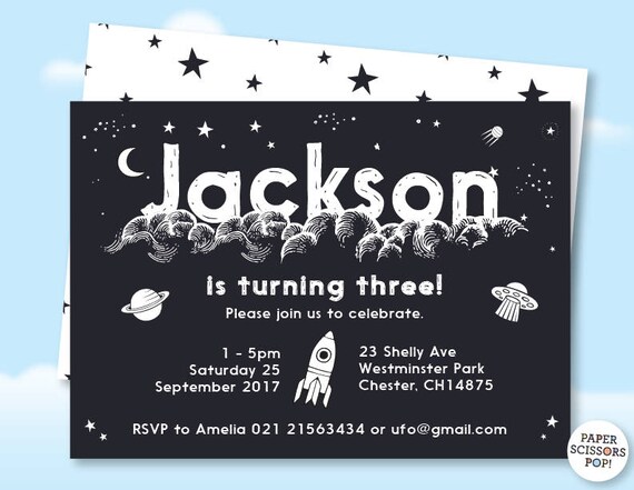 Custom Space Birthday Invitation Black and White Rocket Birthday Invite, 1st, 2nd, 3rd, 4th, 5th Birthday Invitation, Navy UFO Invite Il_570xn