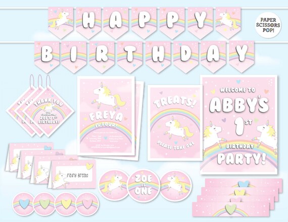 Unicorn Party Bundle, Personalized Unicorn Invitation and Party Decor, Printable Unicorn Pack Pink Unicorn Decor Magical Unicorn Birthday Il_570xn
