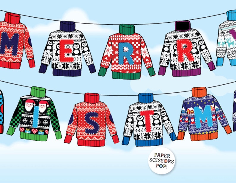 May include: A string of colorful Christmas sweaters with letters spelling out "Merry Christmas" hanging on a clothesline against a blue sky. The sweaters have different patterns and designs, including penguins, snowflakes, and Santa Claus.