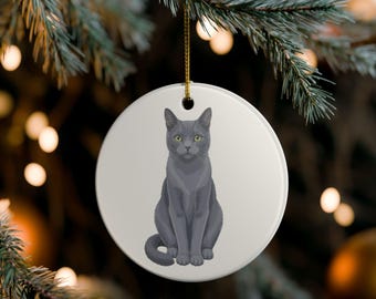 Weihnachtsschmuck mit grauer Katze | Keramik-Baumschmuck mit Katzenmotiv | Lustiger Katzenspruch | Geschenk für Besitzer grauer Katzen | Perfekt als kleines Weihnachtsgeschenk für Katzenmütter und -väter