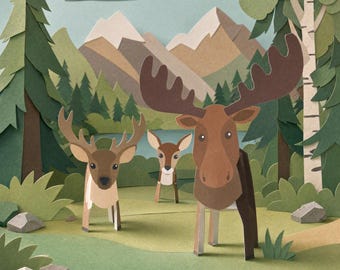 Fallow Deer, Reindeer and Moose in Autumn Series - Craft Kid Activity Printable Digital Download